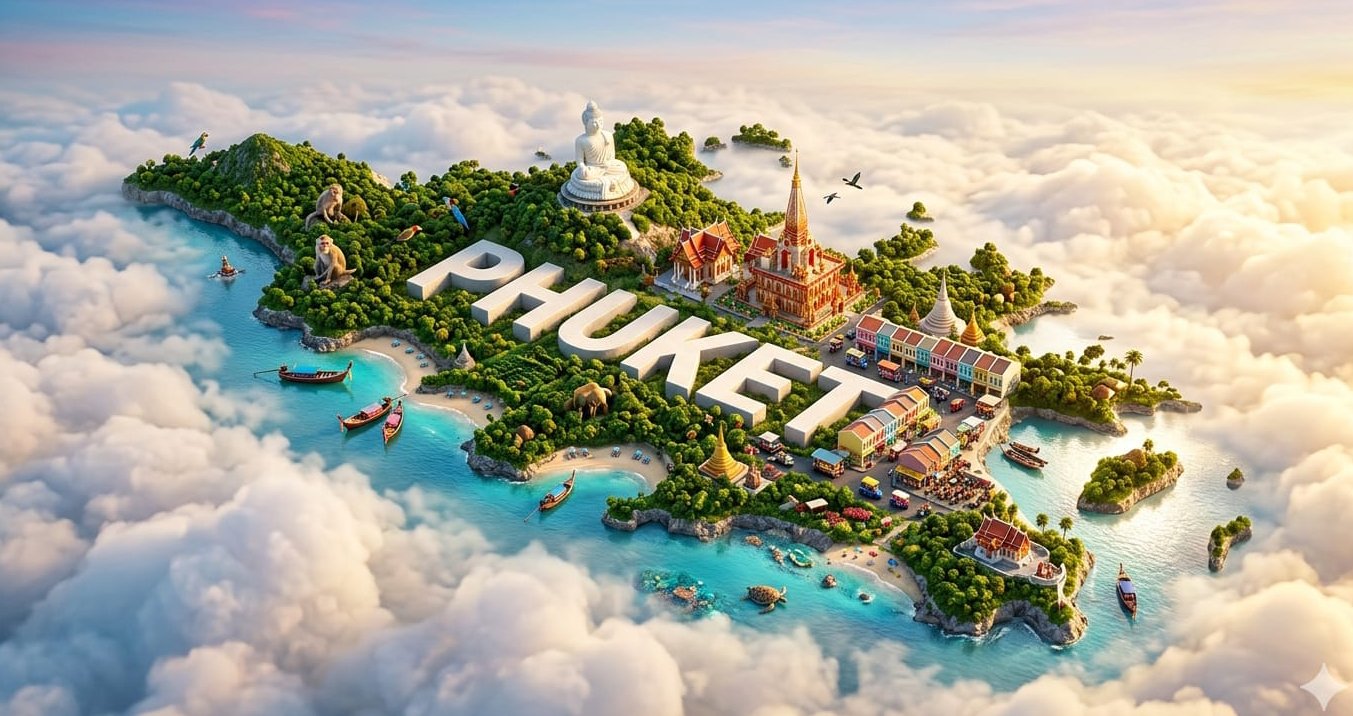 Phuket adasının kuşbakışı illüstrasyonu, Büyük Buda ve tapınaklarla