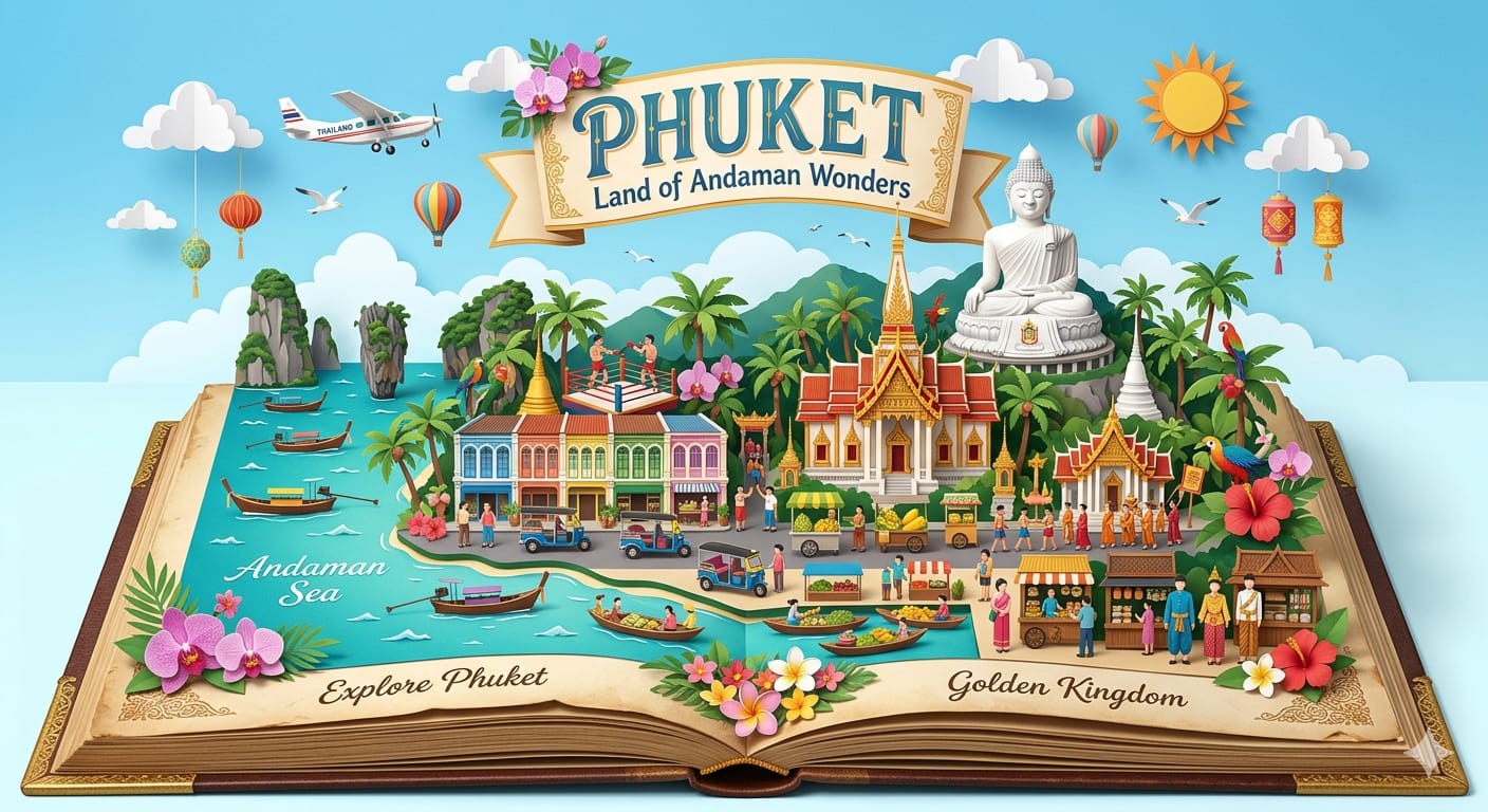 Phuket'in tapınak, çarşı ve kültürel noktalarını gösteren illüstrasyon